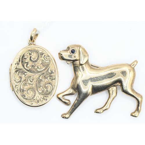 112 - 9ct gold dog brooch, with a gem-set eye, length 40mm, together with a 9ct gold locket, length includ... 