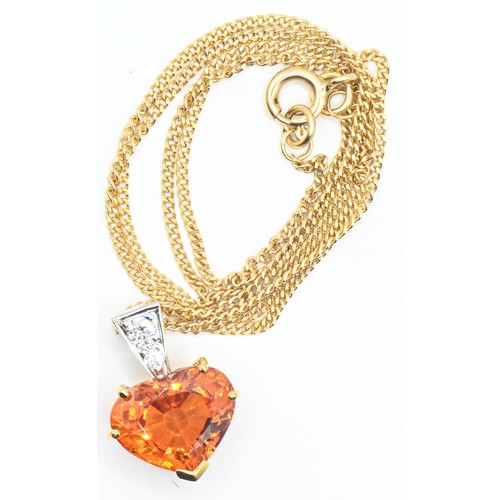 82 - 18ct gold, mandarin garnet and diamond heart-shaped pendant and 18ct gold neck chain, pendant length... 