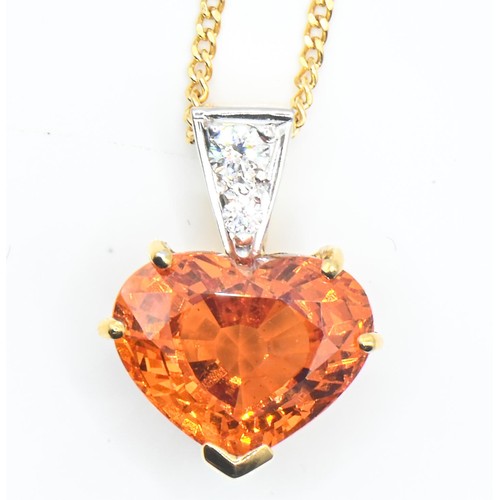 82 - 18ct gold, mandarin garnet and diamond heart-shaped pendant and 18ct gold neck chain, pendant length... 