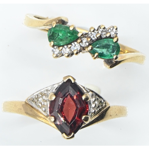 91 - Two 9ct gold gem-set rings, comprising: a garnet and diamond ring, size N1/2; and a green stone and ... 