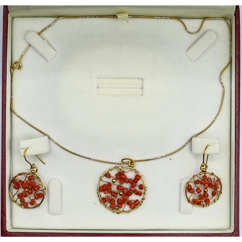 114 - 18ct gold and coral demi-parure, comprising a pendant with chain and pair of pendant earrings of web... 