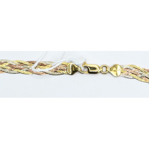 116 - 18ct tri-colour gold necklace, of plaited design, length 500mm, 19.38 grams