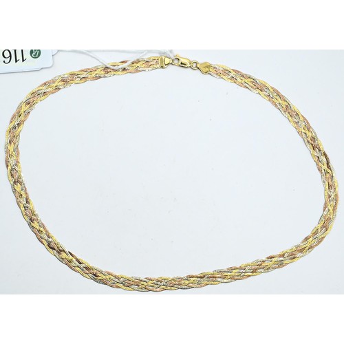 116 - 18ct tri-colour gold necklace, of plaited design, length 500mm, 19.38 grams