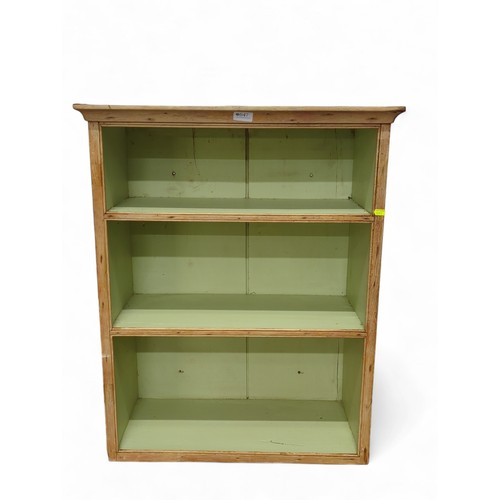 647 - Pine wall-mounted shelf unit. Painted green on inside. W65cm, D30cm, H81cm.