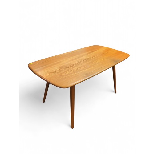 694 - Ercol Windsor Plank table, model 382. Elm top with splayed beech legs. L152cm W76cm H70.5cm