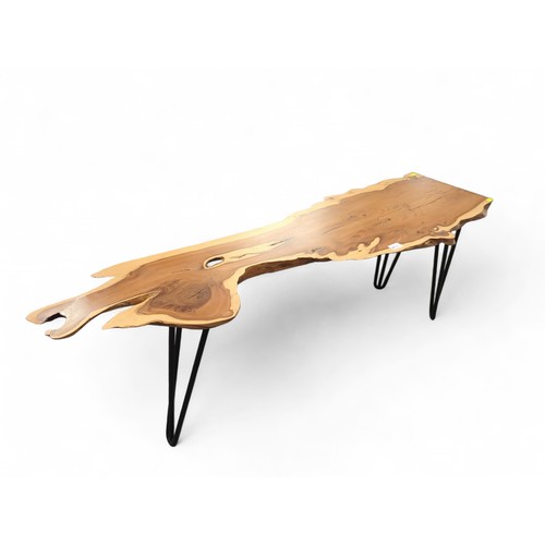 673 - Cornish yew wood whole timber coffee table. L132cm, W37cm, H45cm.