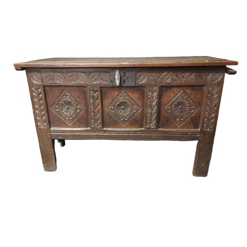 662 - Small coffer with carved front panels. W108cm, D44cm, H66cm. 