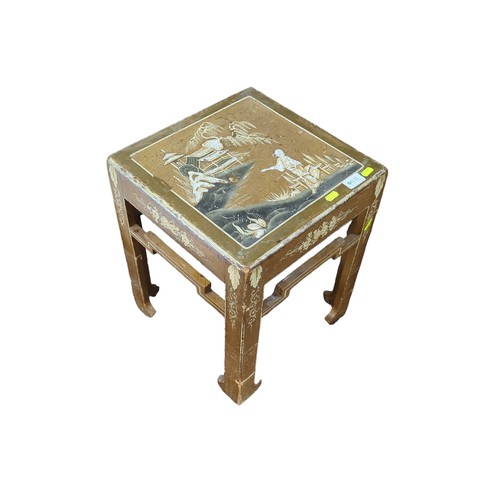 631 - Small, ochre, chinoiserie-style side table. W35cm, D35cm, H45cm. 