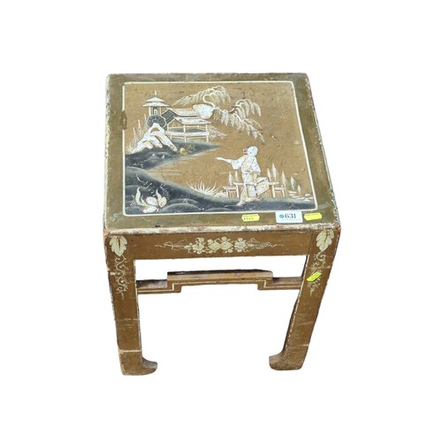 631 - Small, ochre, chinoiserie-style side table. W35cm, D35cm, H45cm. 