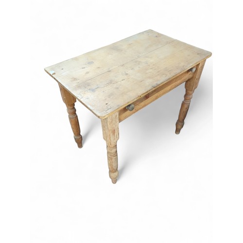 633 - Small, strip pine farmhouse-style table with drawer. W87cm, D53cm, H73cm.