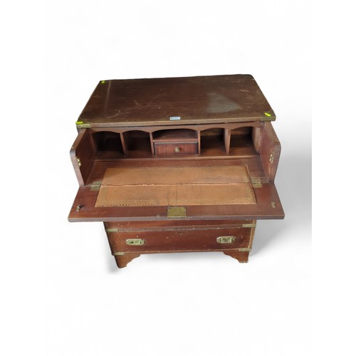 634 - Campaign-style drop top secretaire with key . W74cm, D45cm, H90cm.