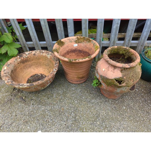 1 - 3x weathered terracotta garden pots + terracotta trough, inc. Strawberry planter. Widest W51cm H22cm