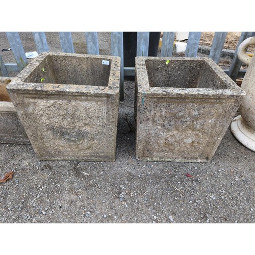 7 - 2x large square planters with foliate relief style decoration to sides. H42cm W43cm