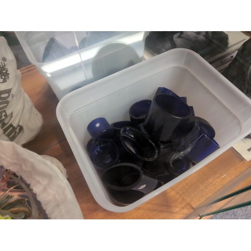 1274 - Quantity of assorted blue glass liners and a box of assorted glass pots etc.