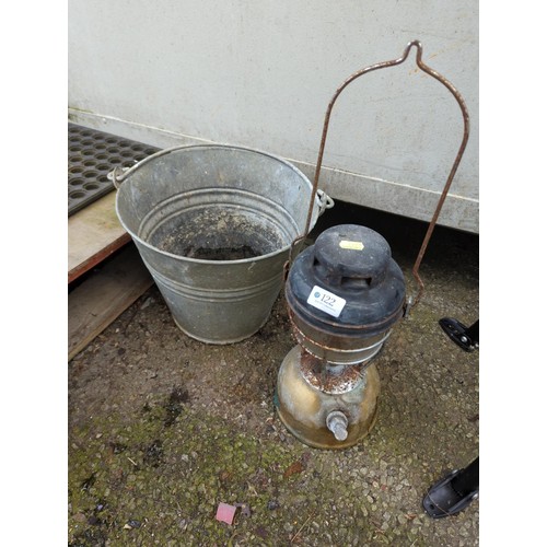 122 - Galvanised bucket together with tilly style lamp