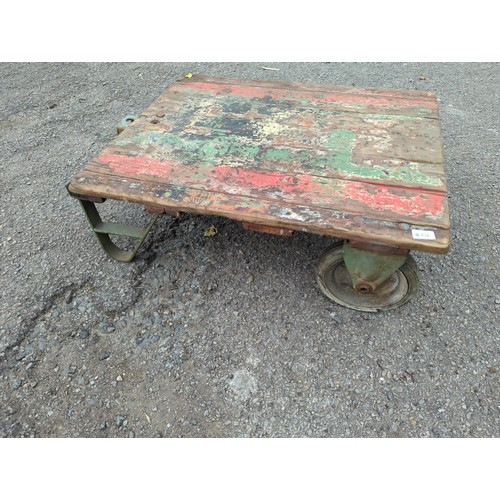 151 - Recycled wood style luggage trolly/low table. W82cm D65cm H26cm