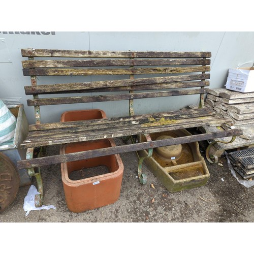 154 - Park style scrolled metal bench. Requires replacement timber. W152cm