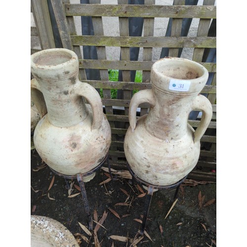 31 - Pair of Greek style amphorae jar garden ornaments in metal stands. H66cm (in stand)