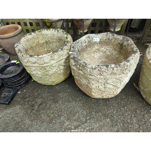 34 - Pair of concrete octagonal planters with art nouveau style decoration to sides. D35cm H30cm