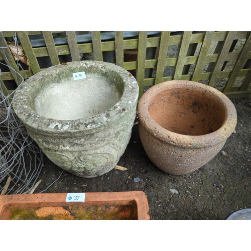 36 - 2 garden pots, inc. concrete swag & grape decorated concrete pot