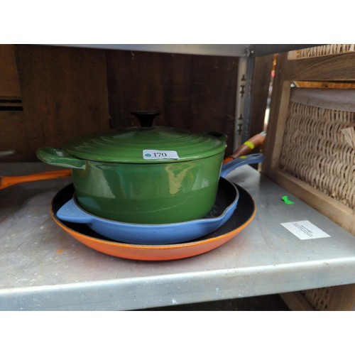 179 - Le Creuset casserole dish with lid, frying pan together with an Aga cast iron skillet