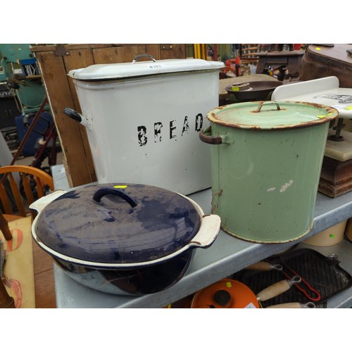 183 - Enamelled bread bin, flour bin & cast baking dish