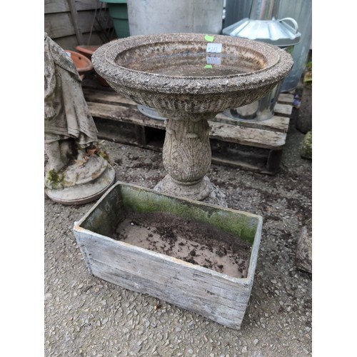 143 - Concrete bird bath. H44cm, together with small trough planter W36cm.