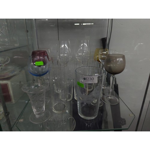 1230 - Various glasses inc. Dartington and five coloured wine glasses