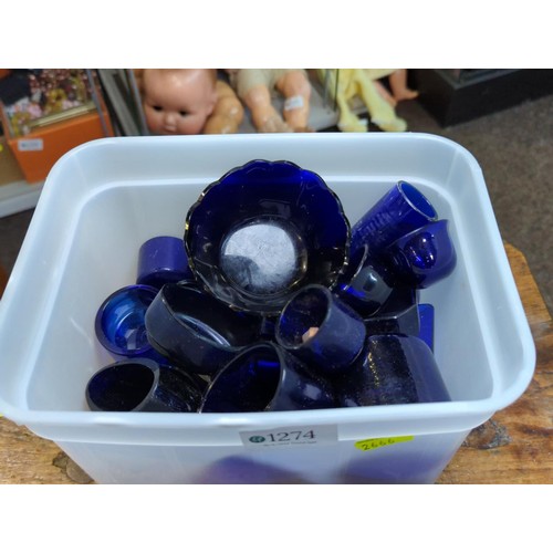 1274 - Quantity of assorted blue glass liners and a box of assorted glass pots etc.