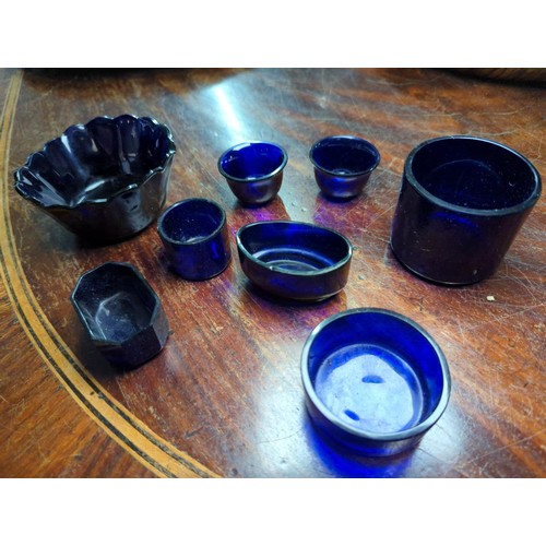 1274 - Quantity of assorted blue glass liners and a box of assorted glass pots etc.