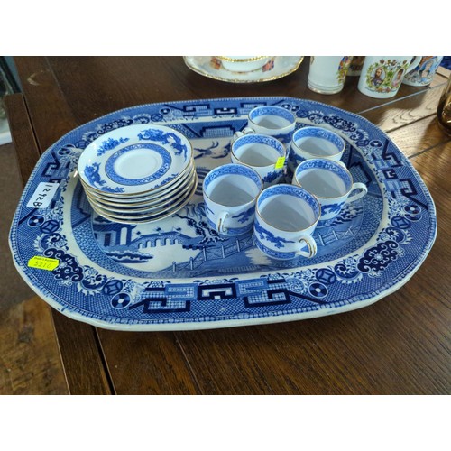 1292B - Cauldon six cups and saucers together with a blue and white willow pattern meat plate