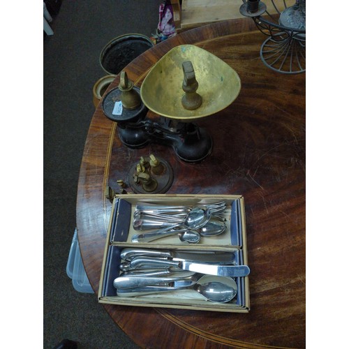 1296 - Small quantity of flatware inc. Habitat stainless steel and a set of balance scales with weights