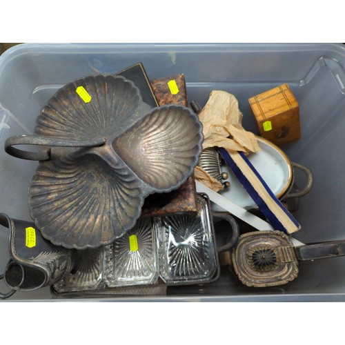 1301 - Box of assorted metalware, cased flatware etc.