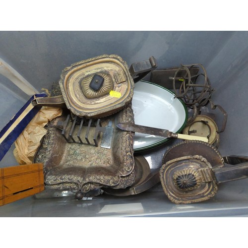 1301 - Box of assorted metalware, cased flatware etc.