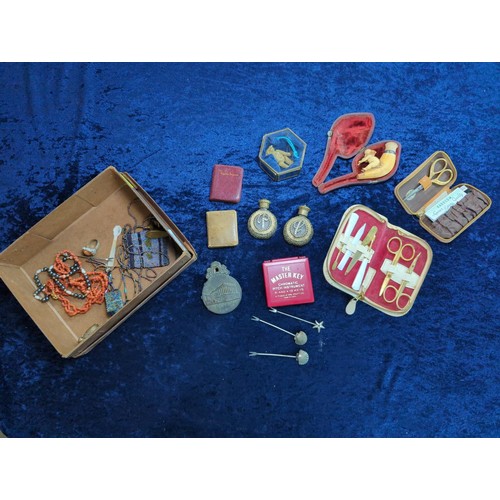 1318 - Box of small collectables inc. miniature books, scent bottles, cased pipe, Steiff miniature teddy be... 