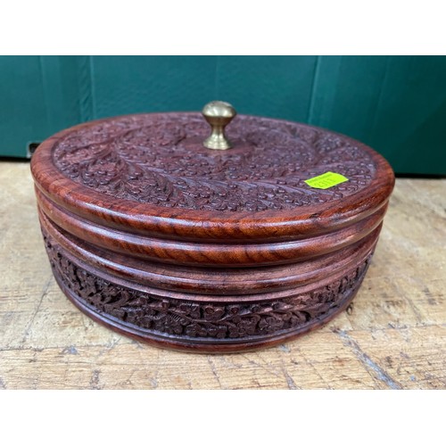 1271 - Two Asian white metal ornaments, a string of beads and a plated cake knife + carved lidded pot.