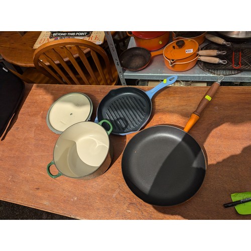 179 - Le Creuset casserole dish with lid, frying pan together with an Aga cast iron skillet