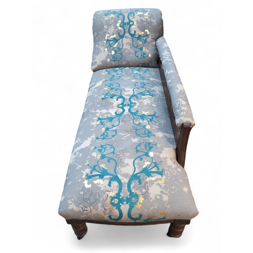 579 - Victorian aesthetic movement framed chaise lounge, with later reupholstered hand silk-screen print w... 