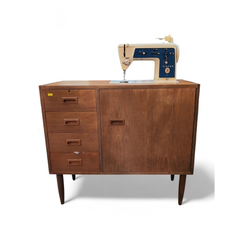 511 - Singer 656G electric sewing machine in mid-century style work table with cupboard & 4 shelves. W... 