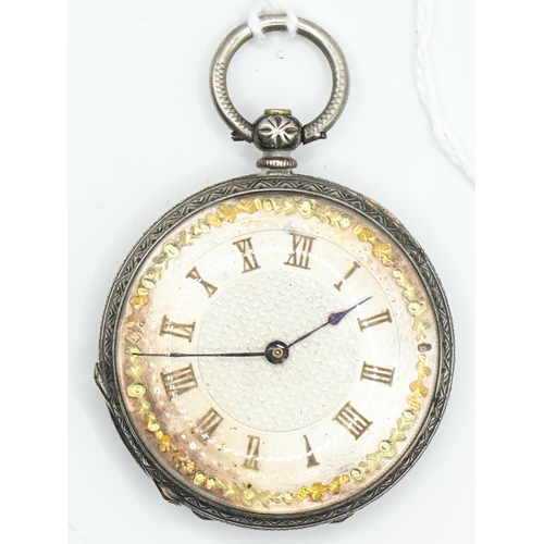 7 - Silver open face key wind fob watch, with Roman numerals, diameter 38mm