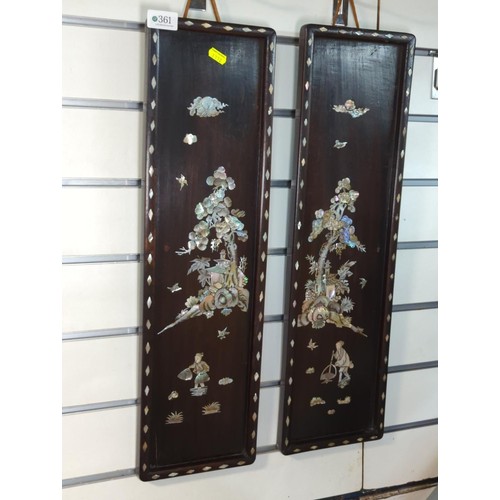 361 - 2 Mother of Pearl inlaid panels , each 17.5 x 62 cms