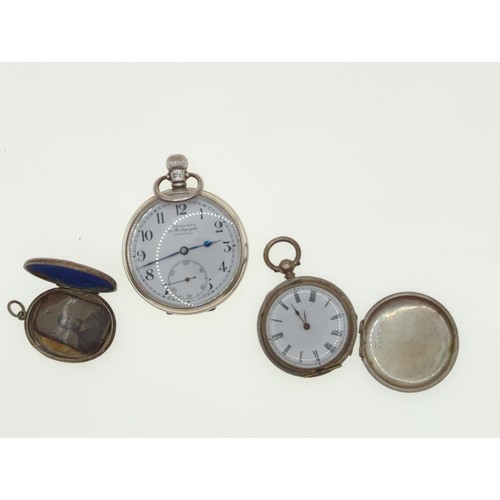 6 - Silver cased open face pocket watch, silver cased full hunter fob watch and a locket pendant