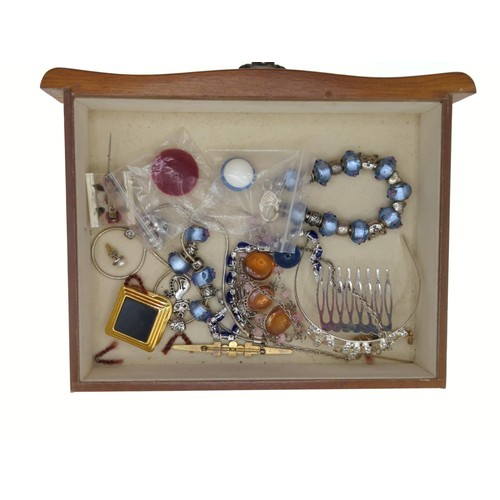 87 - Wooden 4 drawer jewellery box with costume jewellery contents. 