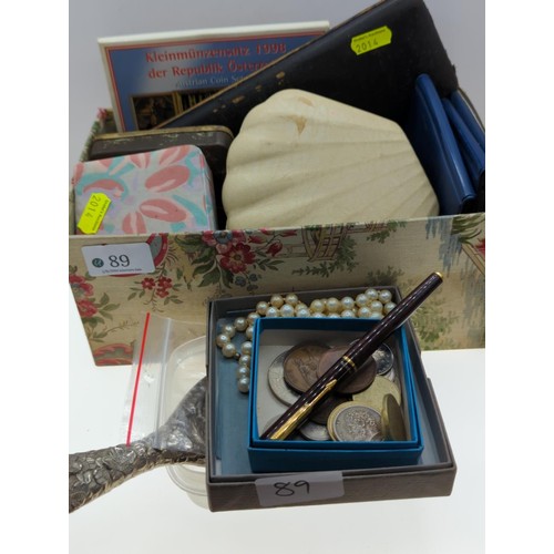 89 - Cube of various mixed items Inc drawing set, various coins & notes, costume jewellery etc..