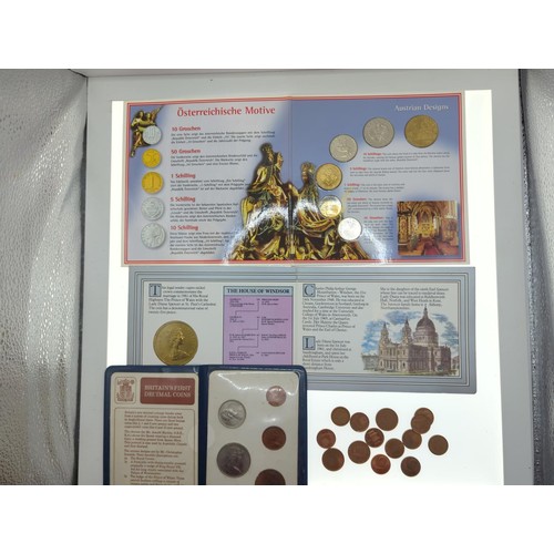 89 - Cube of various mixed items Inc drawing set, various coins & notes, costume jewellery etc..