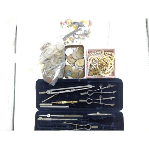 89 - Cube of various mixed items Inc drawing set, various coins & notes, costume jewellery etc..