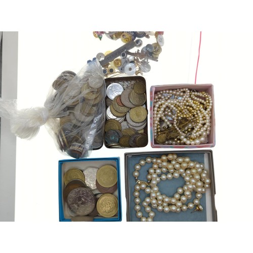 89 - Cube of various mixed items Inc drawing set, various coins & notes, costume jewellery etc..