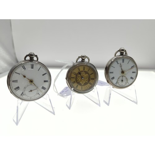 8 - Three silver cased open faced key wind fob watches, including two with British hallmarks and subsidi... 