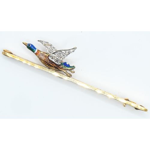 25 - 15ct gold, platinum, diamond and enamel duck brooch, length 52mm, gross weight 3.54 grams, together ... 