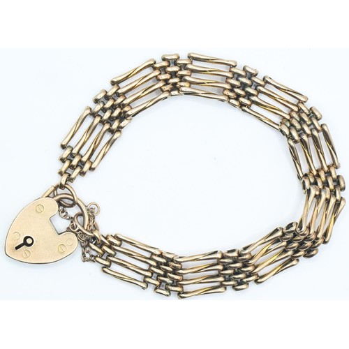 40 - 9ct gold gate link bracelet with heart-shaped padlock clasp, 16.52 grams